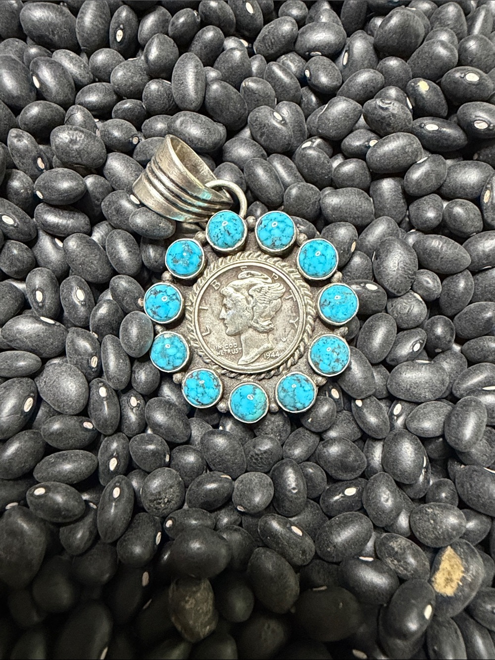Stamped and Signed P. Yazzie Turquoise Halo Coin Pendant Necklace